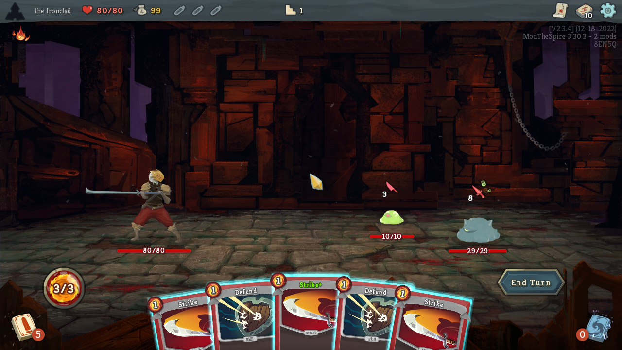 The first fight of the baseline run: the Ironclad faces two slimes, each showing the damage it intends to deal next turn, with five cards in hand and three energy.