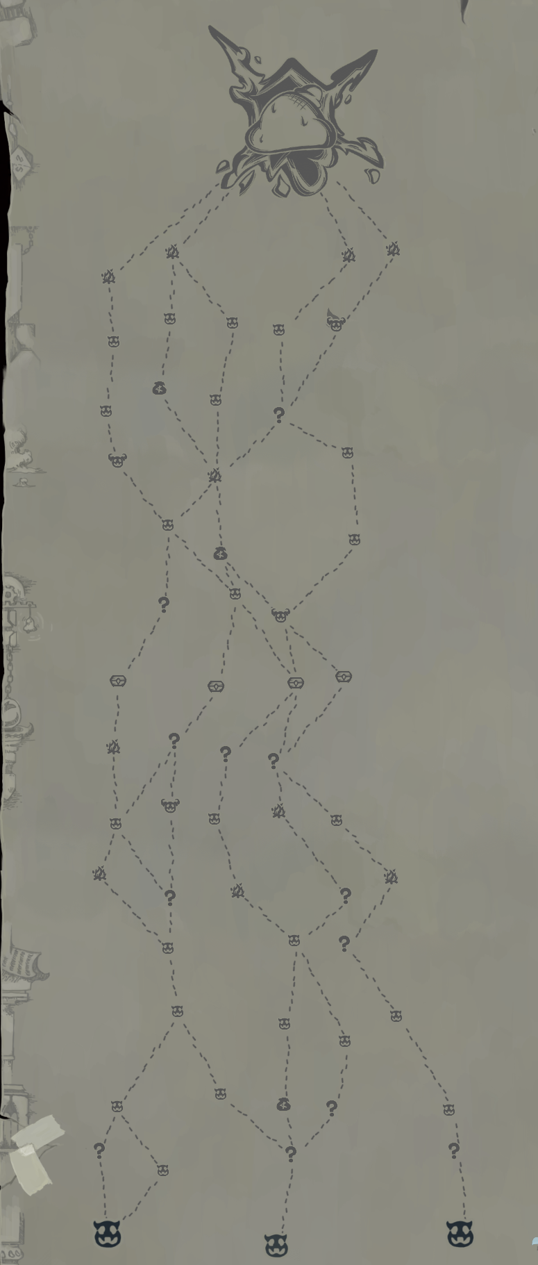 The full Act 1 map of the baseline scenario: three starting fights at the bottom, branching paths through fights, events, shops, rest sites and a treasure row, and the Slime Boss at the top.